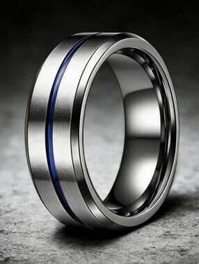 TUNGS-TEN Carbide Thin Blue Line Wedding Band Mens Size 10